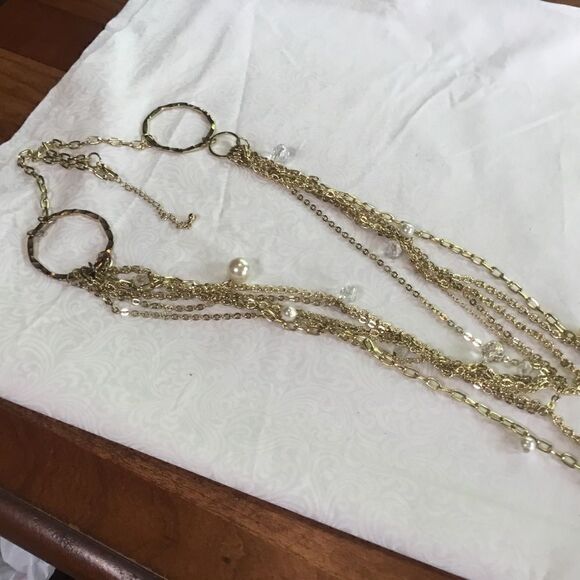 Goldtone Lacy Chain Necklace with Faux Pearls & Crystals - Picture 4 of 5